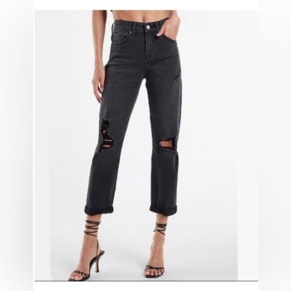 Express Denim - Express Mid Rise Black Ripped Rolled Hem Boyfriend Jeans